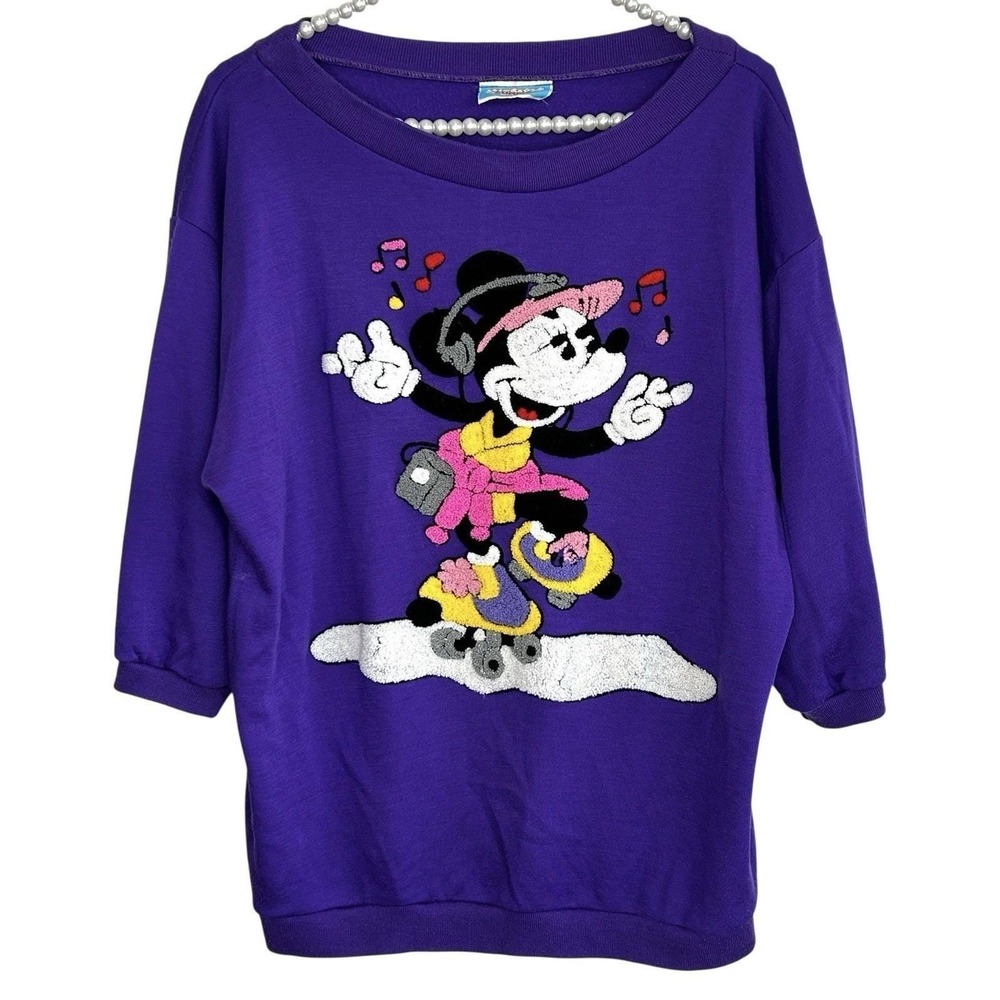 VTG Disney Sunday Comics Minnie Mouse Sweatshirt Medium Oversize Chenille 80s